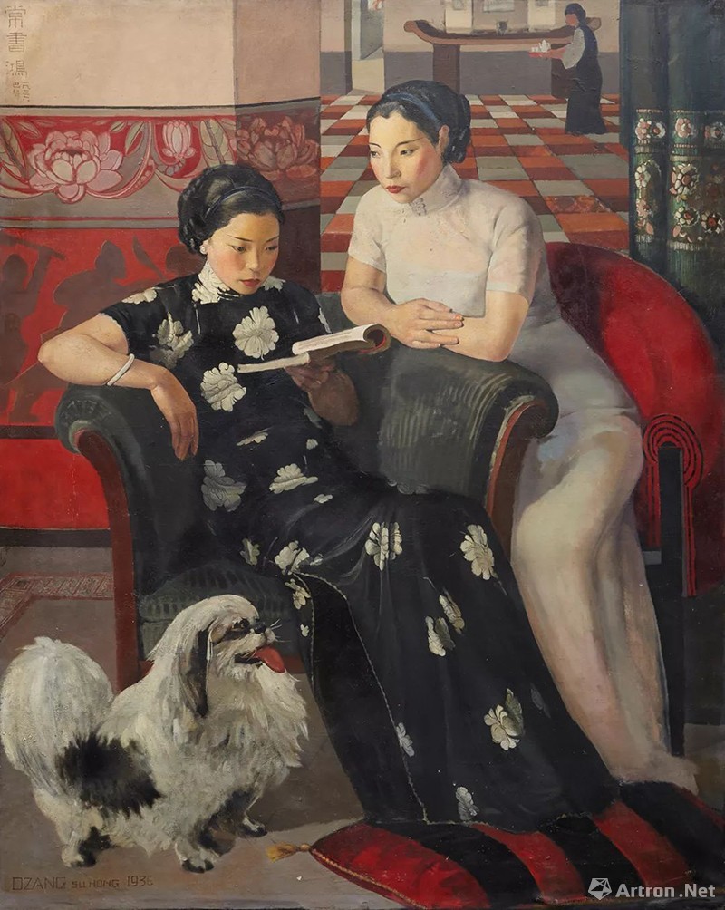 常书鸿,客厅中的姐妹,油彩画布,164×130厘米,1936年,龙美术馆