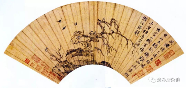 比如:唐寅的《枯木寒鸦图》扇面,适合多字题款,根据画面构图来看,右边
