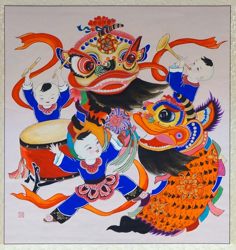 《舞狮》  李悦  89cm×85cm 2018  绵竹年画  绵竹年画博物馆提供