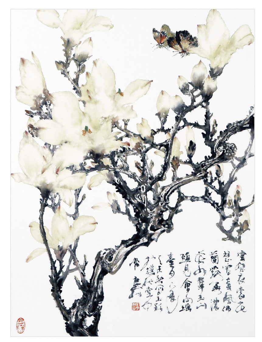 常庆利《仙影》镜心(尺幅68×45cm)画家常庆利(左一)与作者朱浩云在