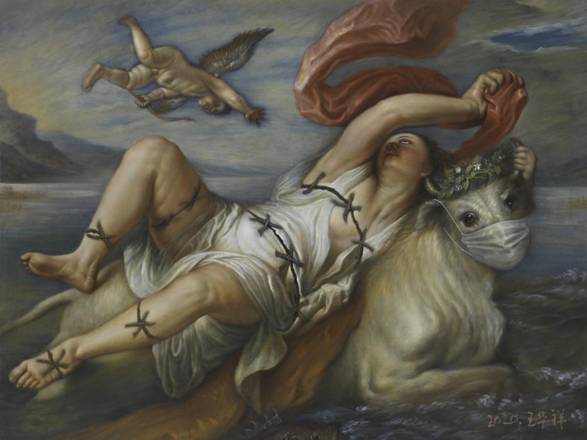 欧罗巴的身体被绳索缝补,化身为牛的宙斯也戴上了口罩.