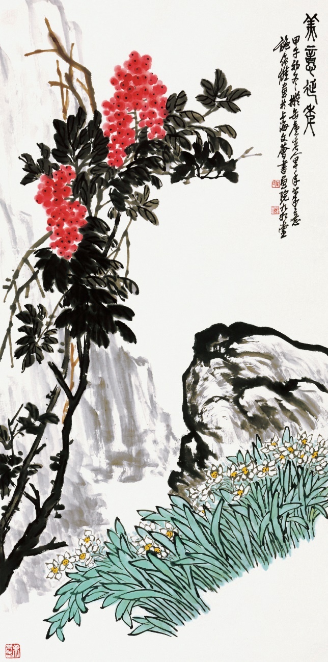 国画《美意延年(天竹水仙)2014年,尺寸:167x68cm