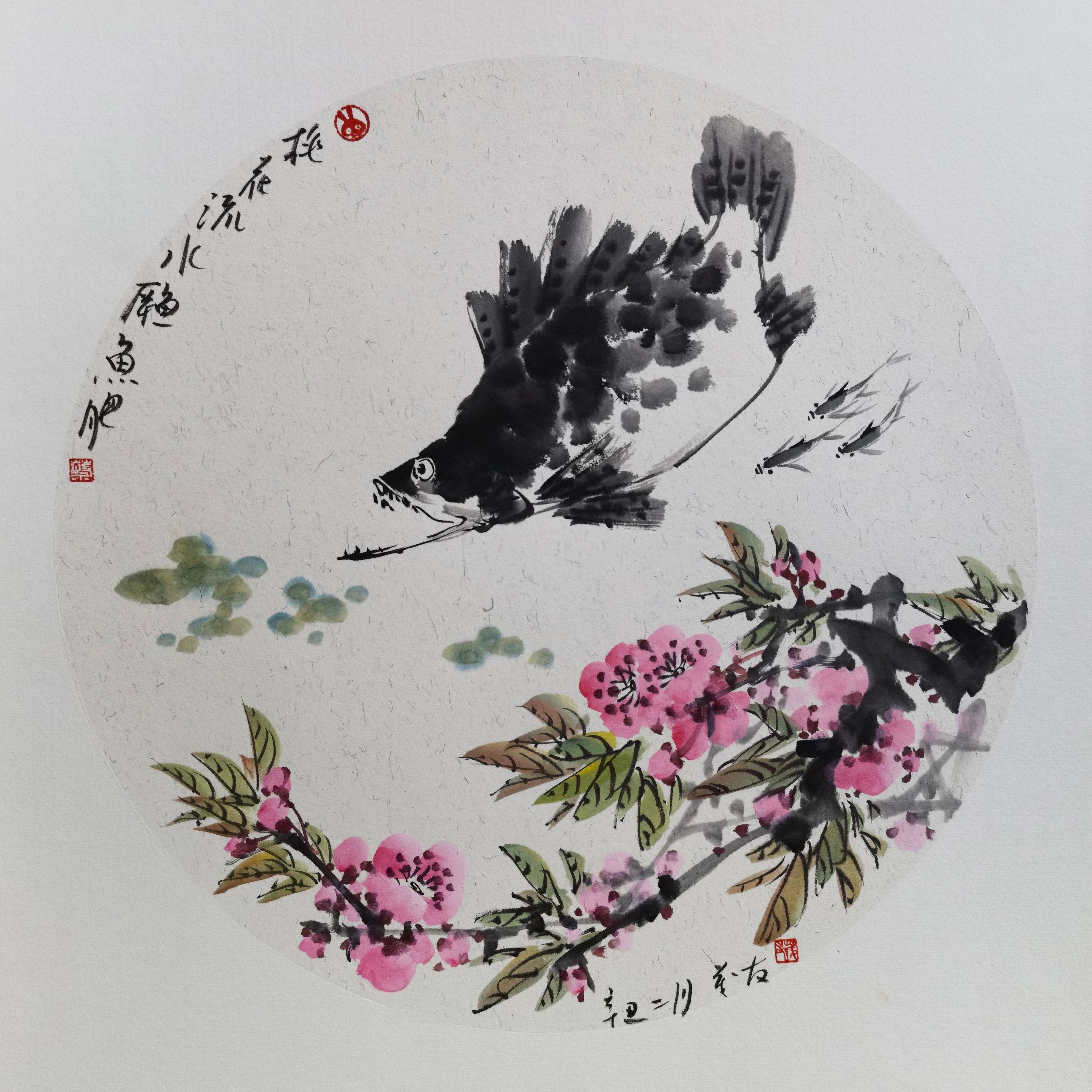 桃花流水鳜鱼肥-蔡茂友辛丑年水墨花鸟扇面作品欣赏