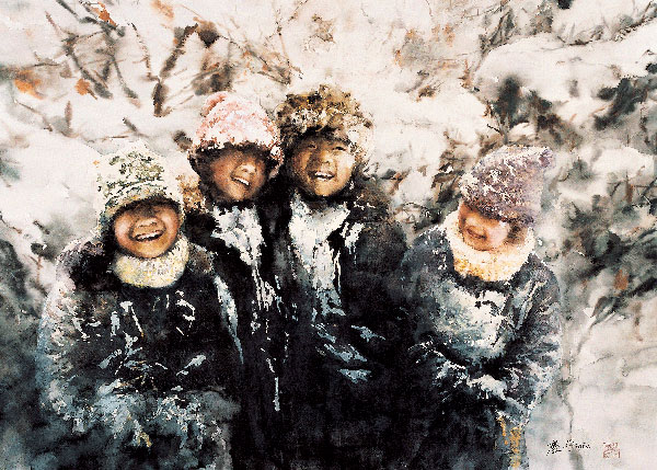 张庆平 嬉雪 1999 75x106cm