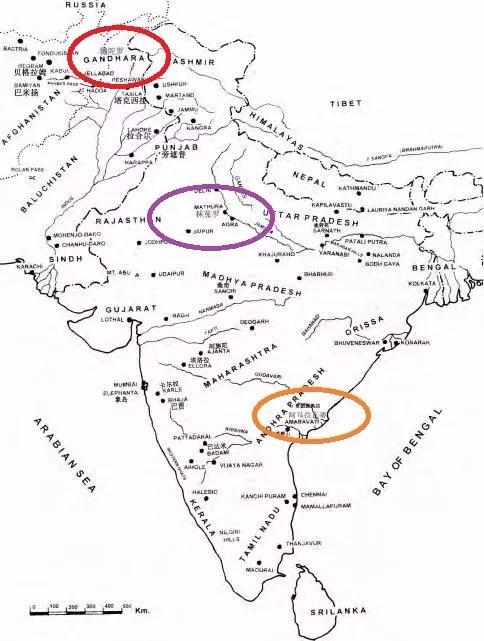 地图中,红圈为犍陀罗地区,紫圈为秣菟罗地区,橙色圈为阿玛拉瓦蒂地区