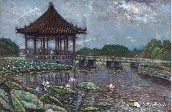 李超士《大明湖风景(七曲亭 纸本色粉 43.5×66cm 1964年