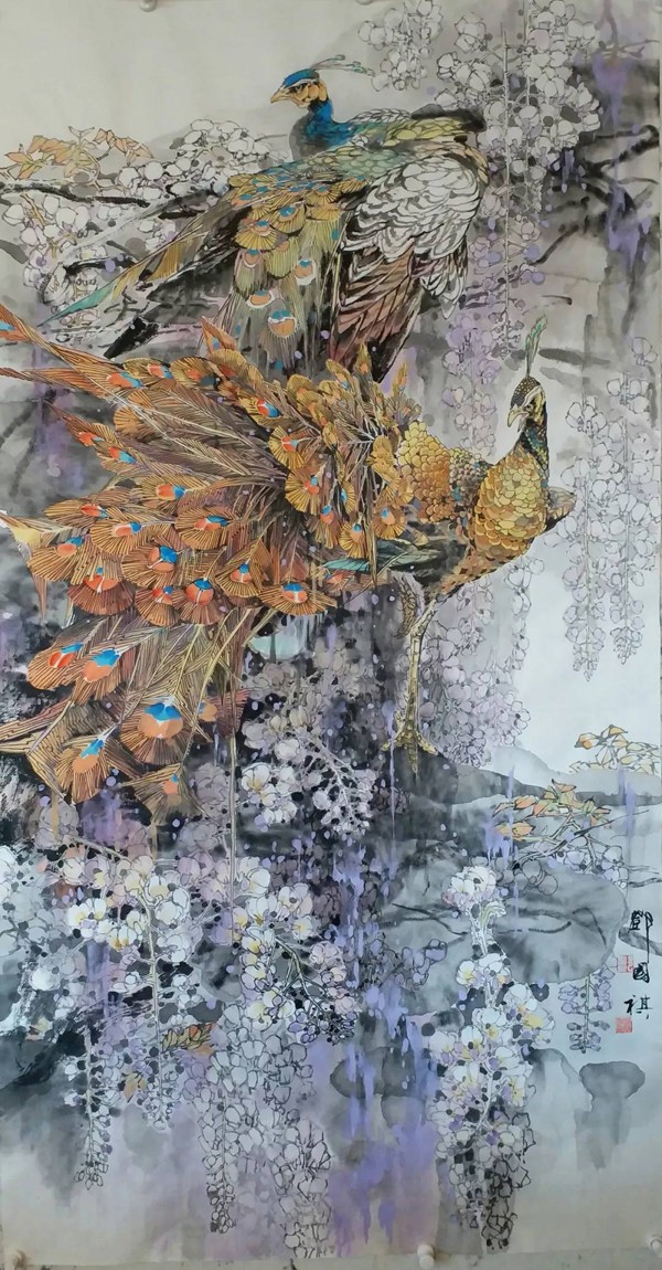 邓国祺 繁华锦绣喜相逢 国画 178cm×95cm