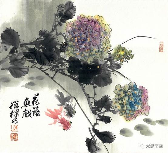 陈葆棣花鸟画二十四节气——小满《花荫鱼戏》