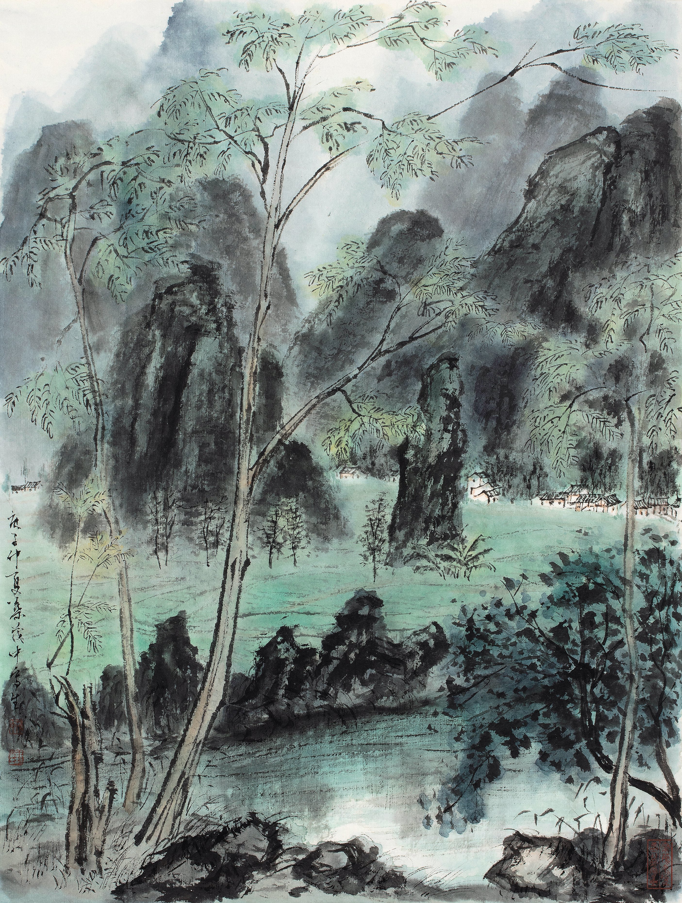 lot 757 叶茂中(b.1966 云山碧影皆画屏 设色纸本 镜心