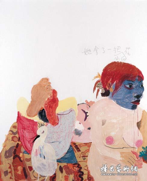 王玉平《她拿了一只小白花》 油画棒丙烯 150×120cm 2006年