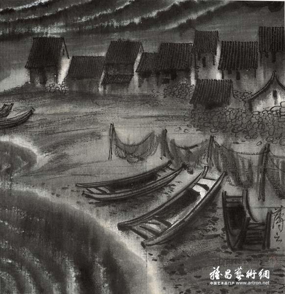 薄云《渔村》 纸本设色 51x52cm 1980